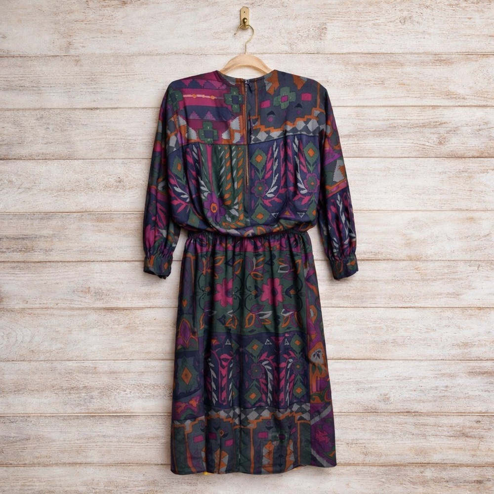 Vintage Diane Dickmon for Gentillesse Wool Silk Dress Size 6 Boho Patchwork Midi - Picture 2 of 6